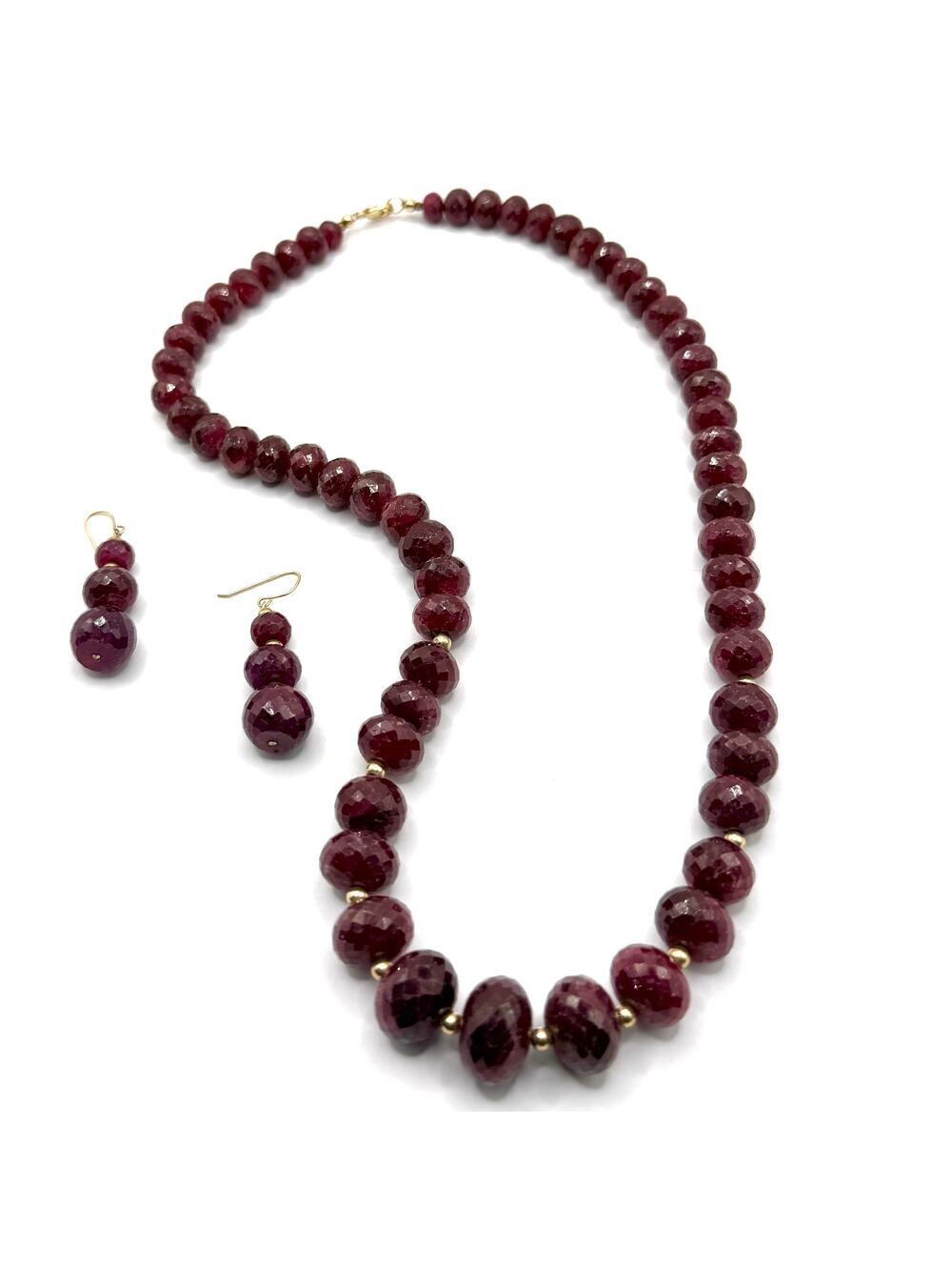 Red Ruby Stamped 14K Gold Faceted Bead Necklace Earring Set